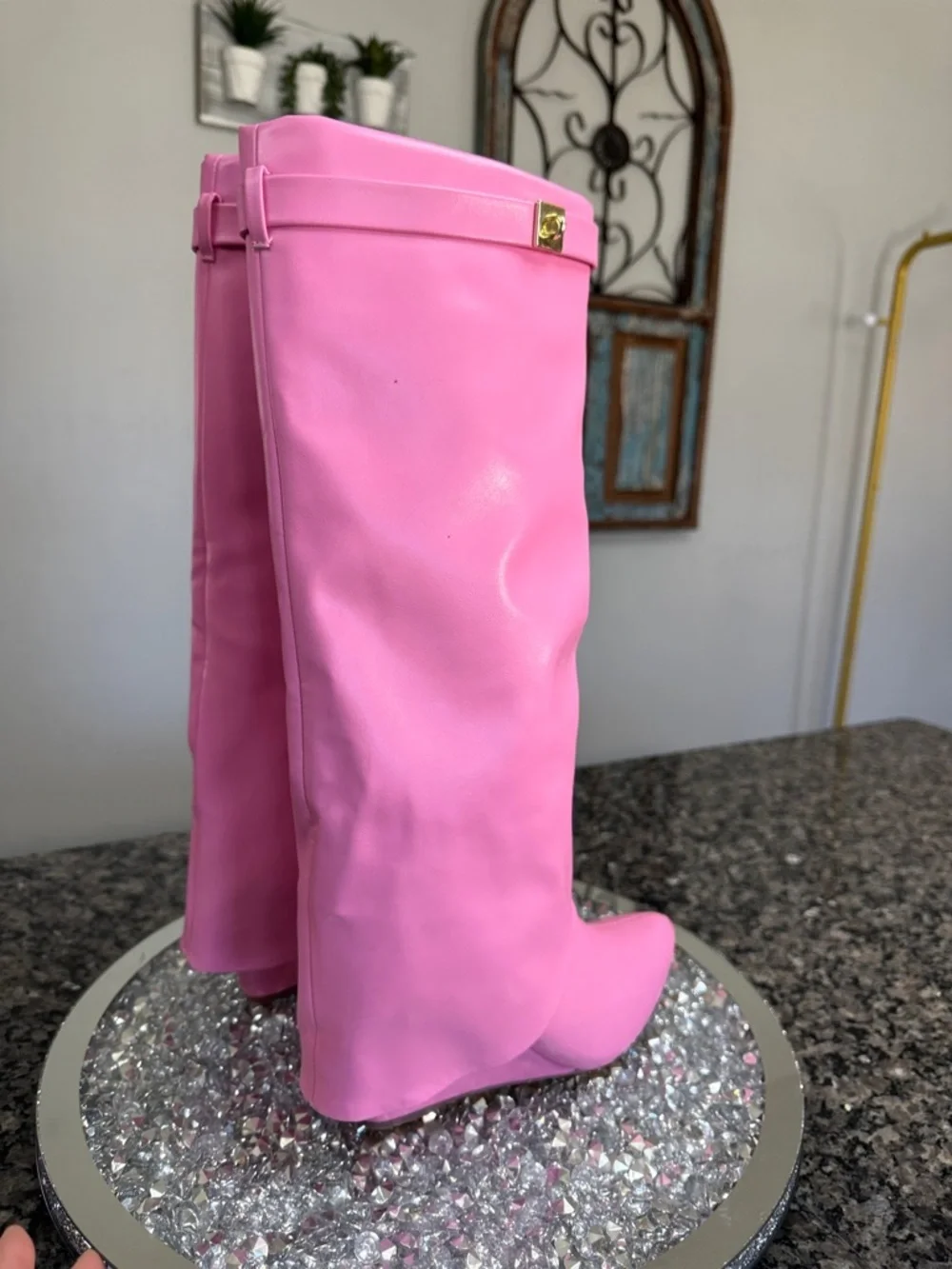 Pink Women's Knee-High skirted wedge Fashion Boots